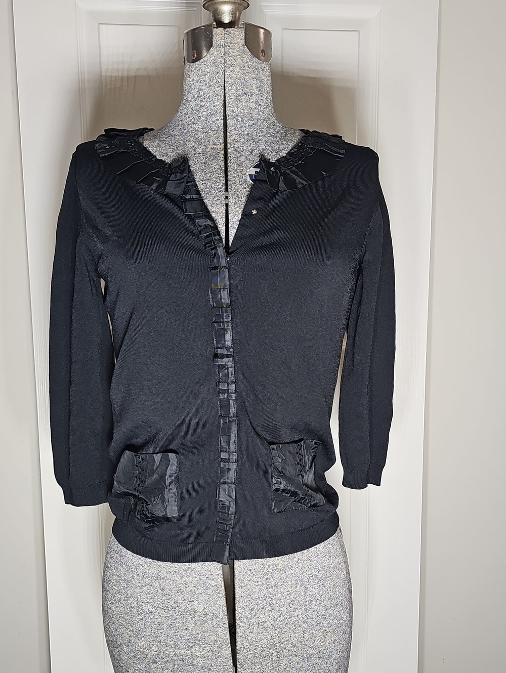 Cabo Black Ribbon Ruffle Trim Cardigan Sweater Pocket 3/4 Sleeve Knit M